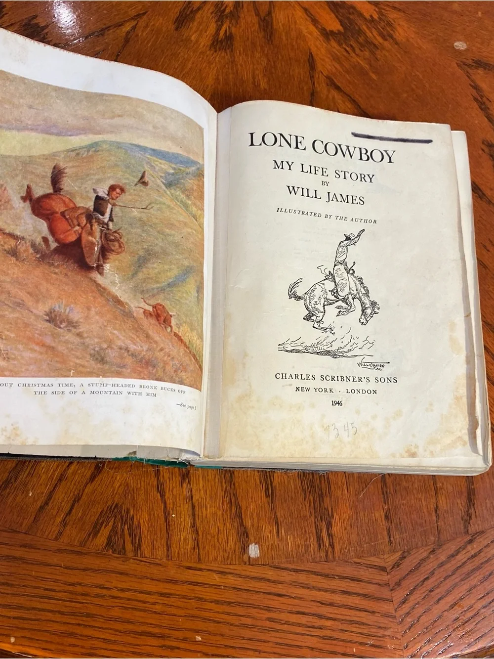 Old Book- Lone Cowboy by Will James also includes a lithograph by CW Anderson
